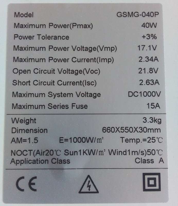 Solar Panel: 40W Monocrystalline PhotoVoltaic Generation. Collections are allowed.