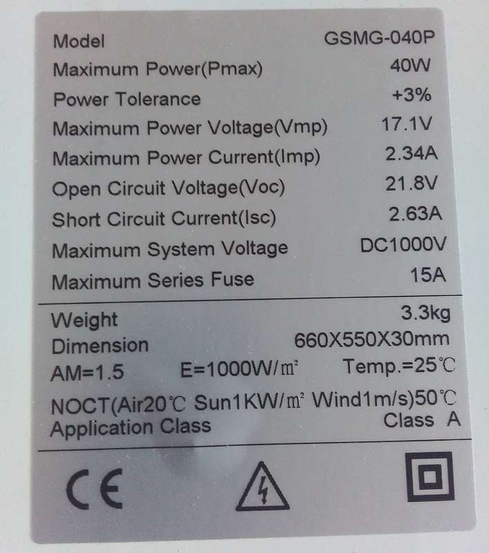 Solar Panel: 40W Monocrystalline PhotoVoltaic Generation. Collections are allowed.