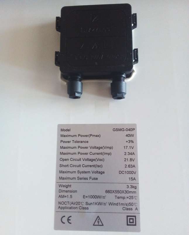 Solar Panel: 40W Monocrystalline PhotoVoltaic Generation. Collections are allowed.