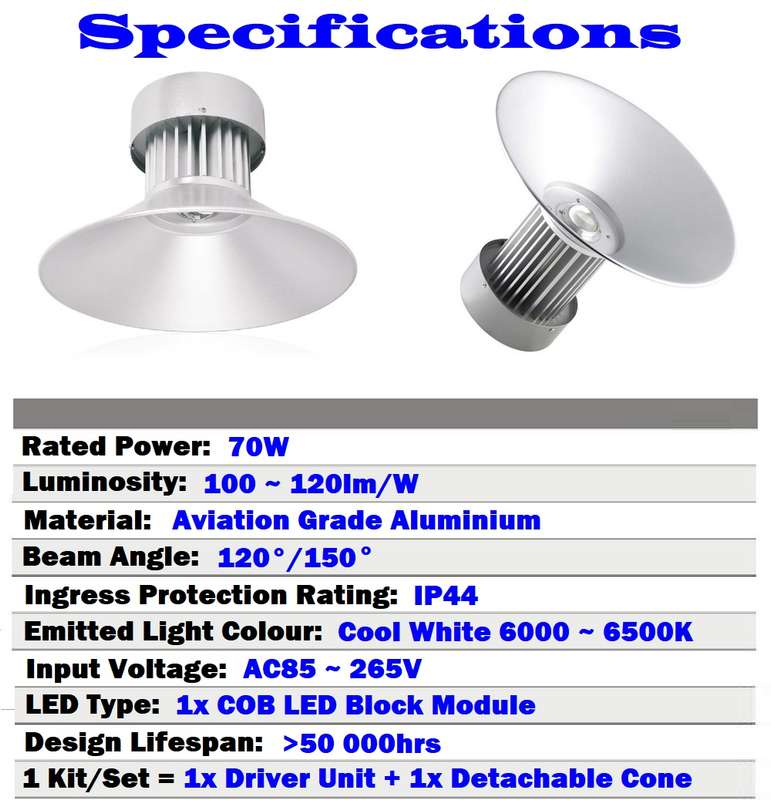 70W AC85~265V COB LED High Bay Lights. Super Bright Quality Grade Cool White. Collections Allowed.