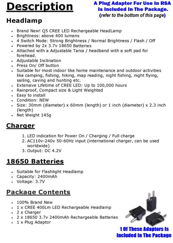 CREE Q5 LED High Performance Rechargeable Headlight Headlamp. Top Range Product. Collections Allowed