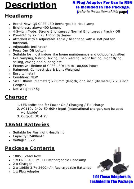 CREE Q5 LED High Performance Rechargeable Headlight Headlamp. Top Range Product. Collections Allowed