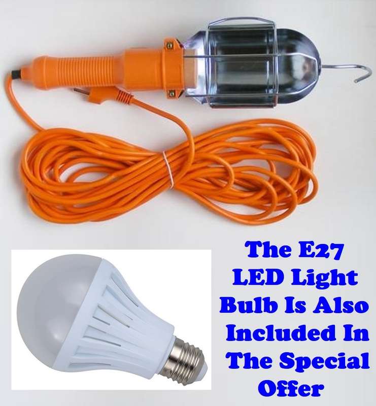 Portable Electric Hand Held Heavy Duty Lamp with Extension Cable plus LED Bulb. Collections Allowed.