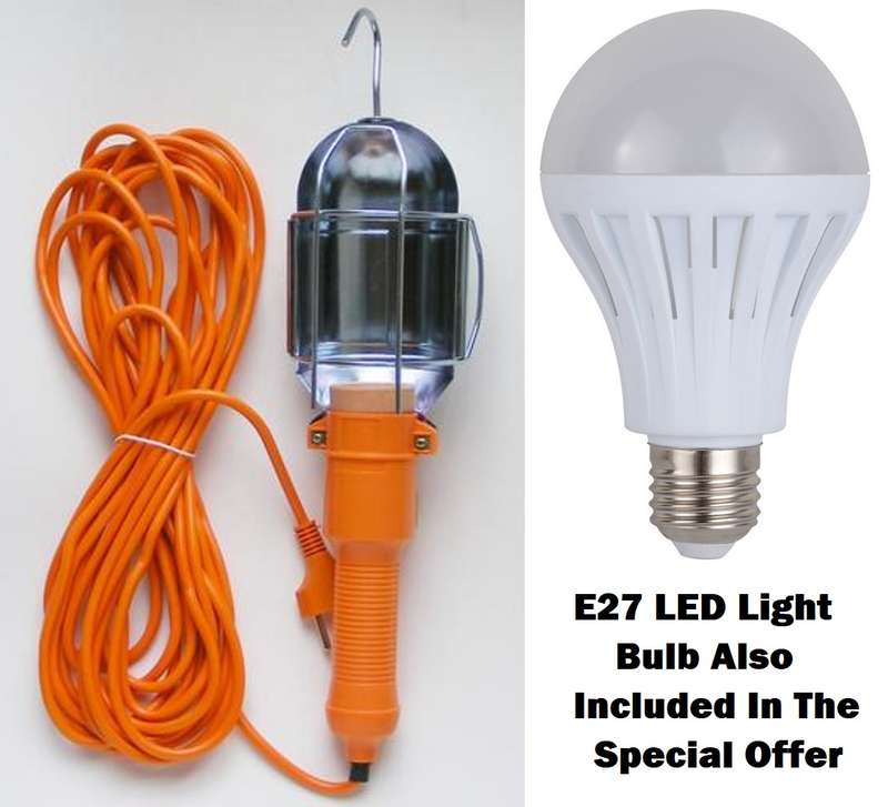 Portable Electric Hand Held Heavy Duty Lamp with Extension Cable plus LED Bulb. Collections Allowed.