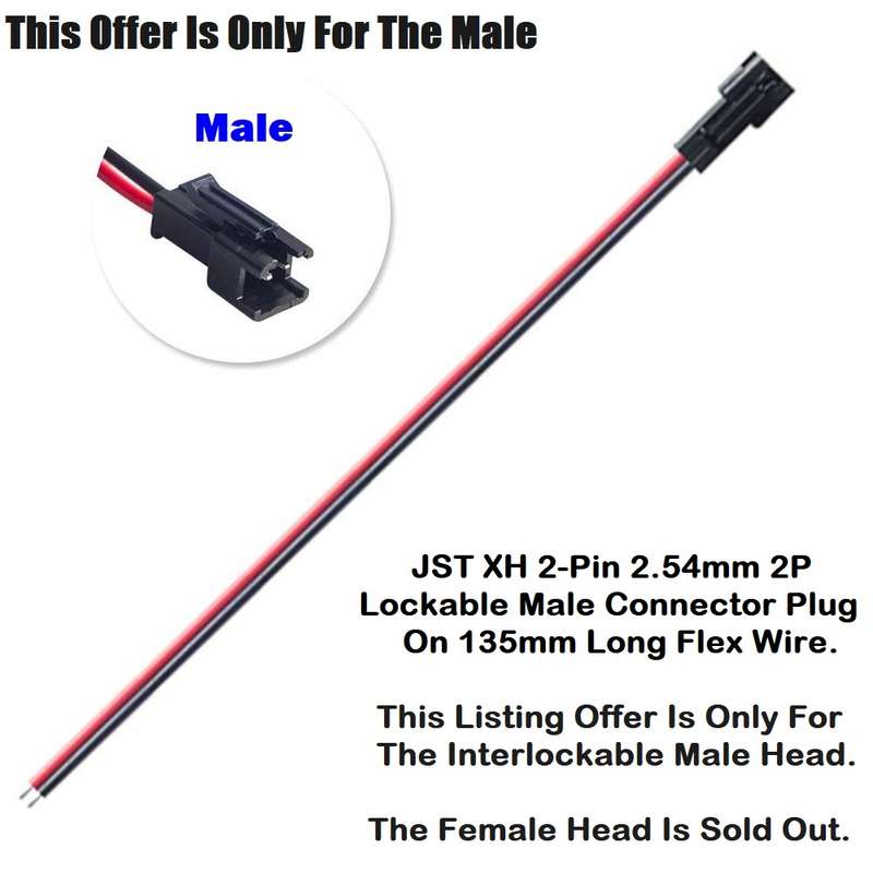 JST XH 2-Pin 2.54mm 2P Lockable Male Connector Plug On 135mm Long Flex Wire. Collections Allowed.