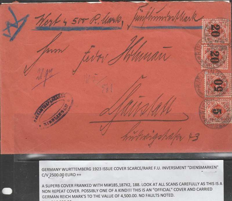 GERMAN WURTTEMBERG 1923 FULL SET FRANKED Mi#185,187X2 & 188 READ BELOW C/V HIGH LOOK SCAN X 2