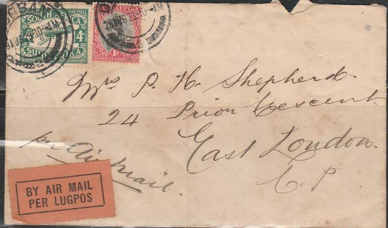 A AIR MAIL COVER FROM DURBAN TO EAST LONDON 1929 LOOK SCAN