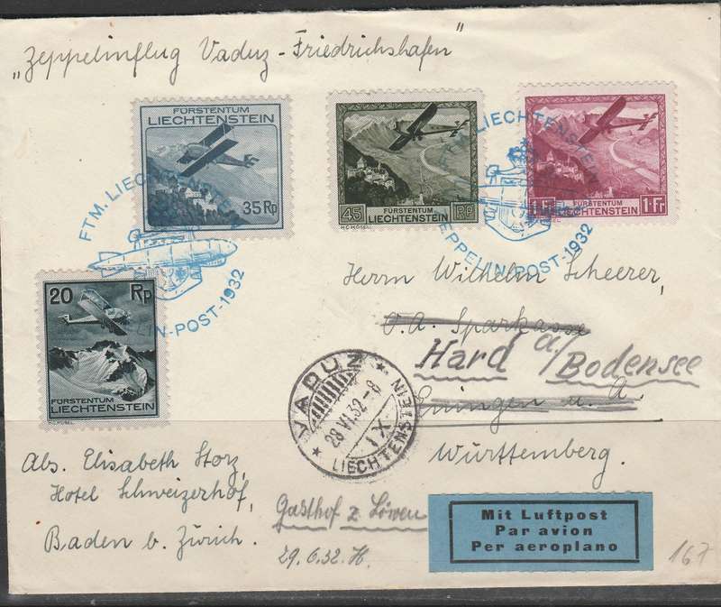 LIECHTENSTEIN 1932 FROM VADUZ  WITH ZEPPELIN TO WERTTEMBERG REDIRECTED SUPER CACHETS LOOK SCANS X2