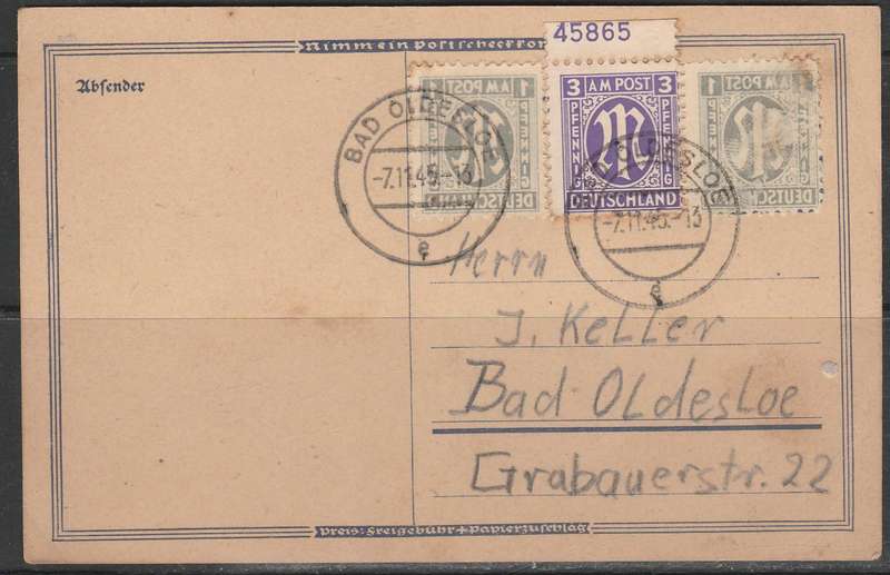 POST CARD FRANKED WITH ALLIED OCCUPATION STAMPS 1945 LOOK SCAN
