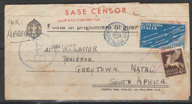 A COVER FROM ITALY AIR MAIL TO SOUTH AFRICA STAMPS CANCELLED N RED WITH CENSORED STRIKES BACK READ