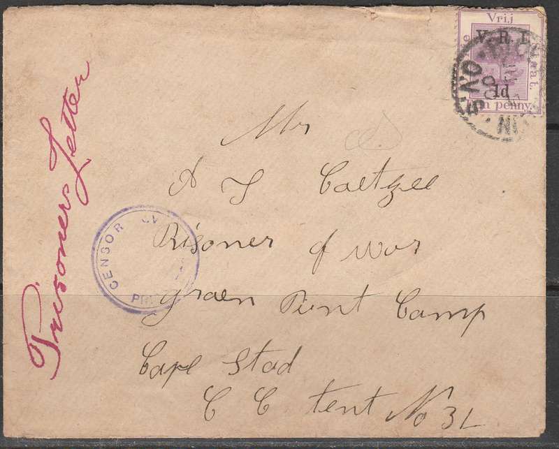 BOER WAR 1900 COVER FROM BLOEMFONTEIN TO CAPE GREEN POINT CAMP LOOK SCAN X 2