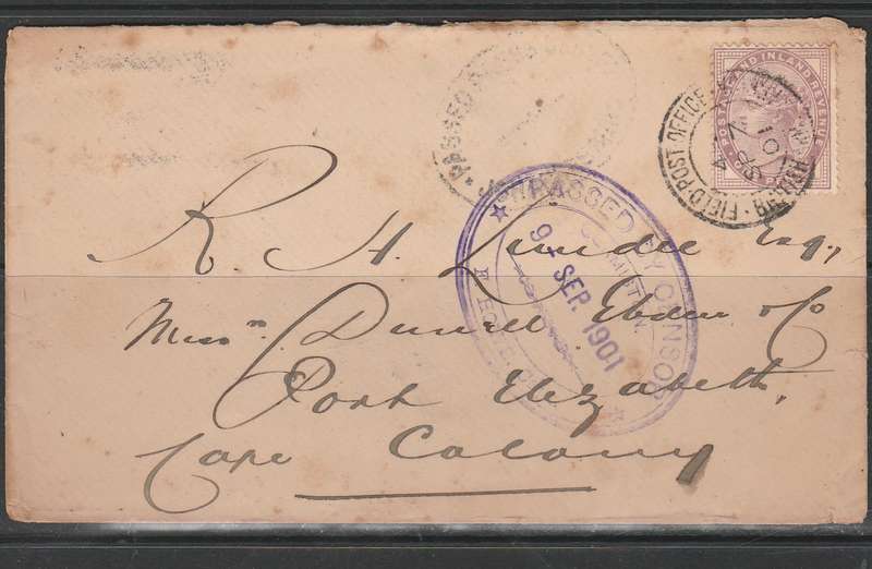 A COVER MAILED FROM FIELD POST OFFICE WITH CANSOR CACHETS TO PORT ELIZABETH 1901 LOOK SCAN X 2
