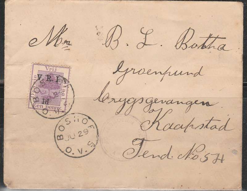 BOER WAR COVER FRANKED V.R.I. 1d OVERPRINT ON OFS FROM BOSHOF TO PRISONER OF WAR READ LOOK SCAN