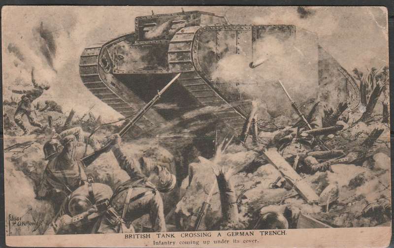 A PICTURE POST CARD  SHOWING A BRITISH TANK CROSSING A GERMAN TRENCH MINT LOOK SCAN