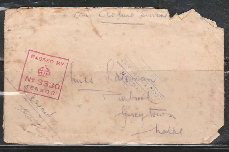 ON ACTIVE SERVICE TO GREYTOWN CENSOR STRIKE FRONT NO3330 IN RED LOOK SCAN
