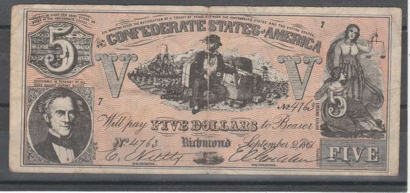 1861 CONFEDERATE STATES OF AMERICA $5 BANK NOTE RICHMOND FINE USED