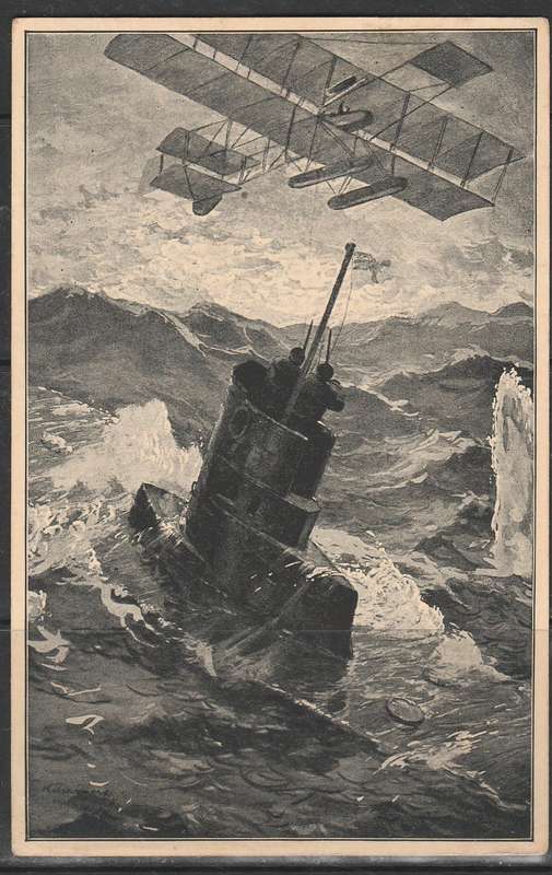 EARLY AIR CRAFT BOMMING A SUB POST CARD GERMAN FELD POSEXPED CACHET APPLIED  LOOK SCAN X 2