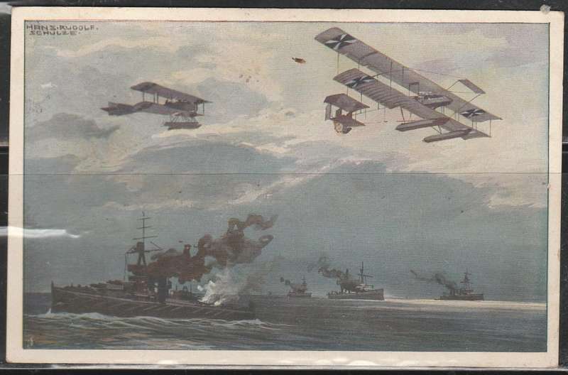 A LOVELY PICTURE POST CARD SHOWING GERMAN AIR CRAFTS BOMBING WAR SHIPS LOOK SCAN X 2