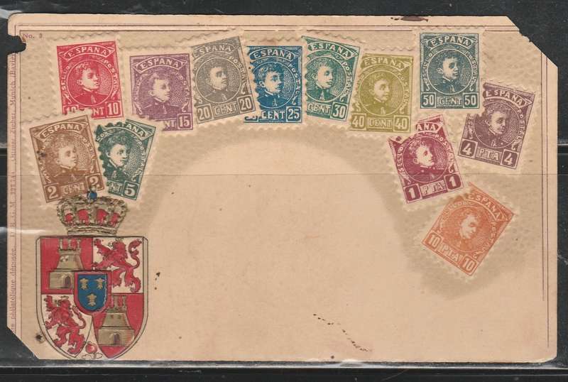 A LOVELY CLEAN POST CARD EMBOSED WITH SPANISH STAMPS MINI LOOK SCAN