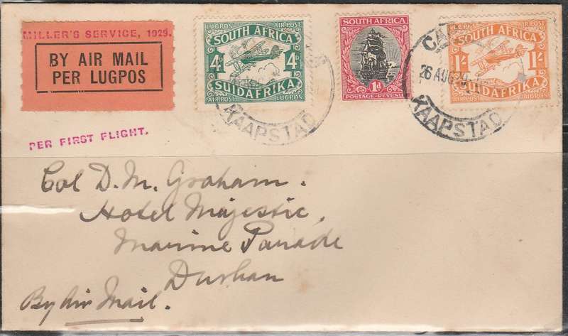 A LOVELY F.D.C. 1929 FLIGHT FROM CAPE TOWN TO DURBAN 26/8/1929 UNUSUAL STRIKES IN RED LOOK SCAN X 2