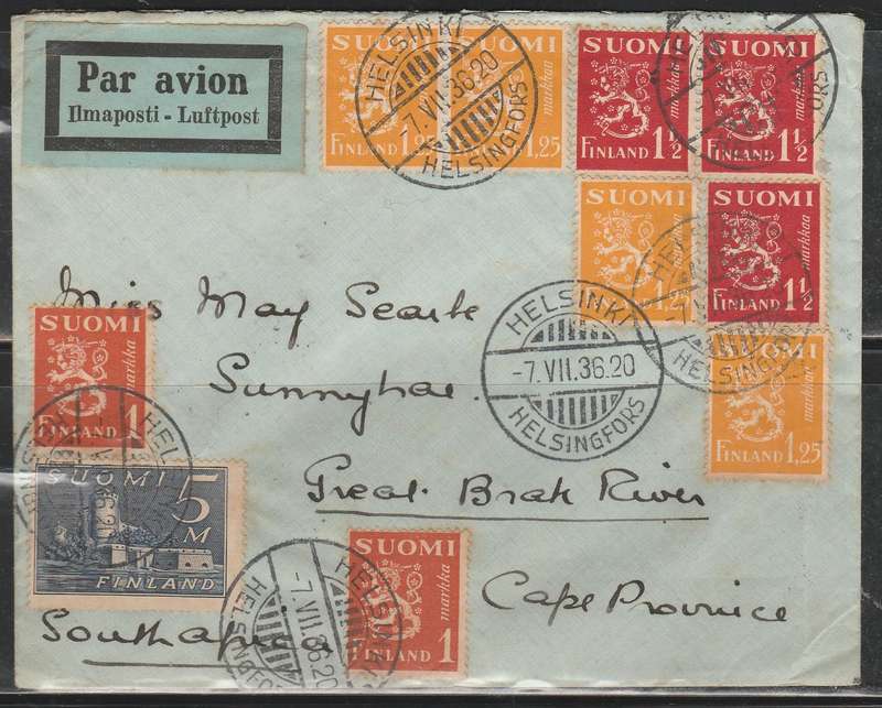 A LOVELY COVER WITH MULTI FRANKING OF FINILAND STAMPS FROM HELSINKI 1936 TO CAPE LOOK SCAN X 2