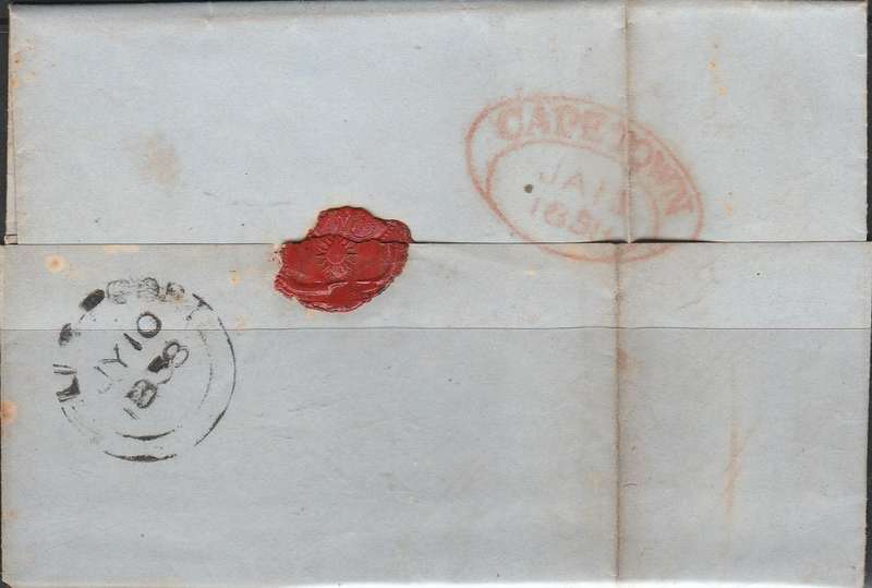 A SUPER FULL FOLDED LETTER WITH EARLY CAPE TOWN CANCELLATION IN RED 1858 LOOK SCAN X 2