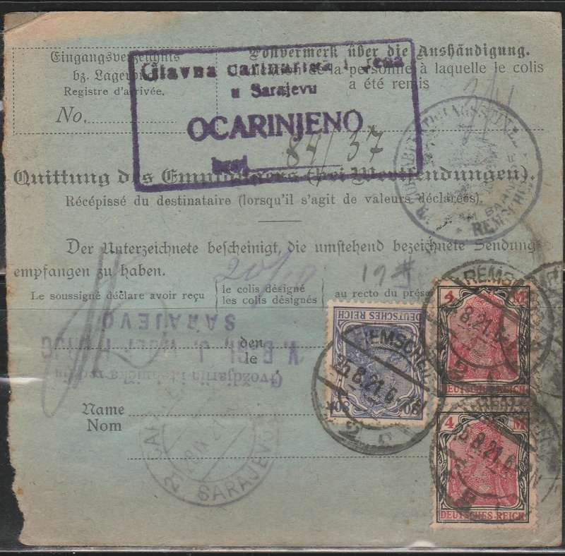 A LOVELY GERMAN PACKET POST LABEL WITH BLOCK 4 WITH 4Mk BLOCK FRANKED 1921 LOOK SCAN X 2