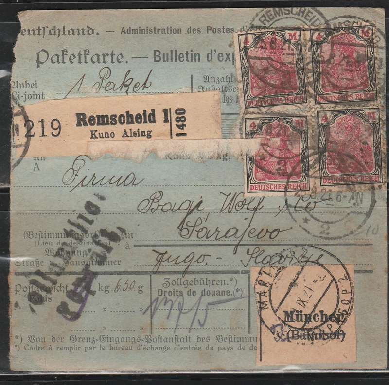 A LOVELY GERMAN PACKET POST LABEL WITH BLOCK 4 WITH 4Mk BLOCK FRANKED 1921 LOOK SCAN X 2