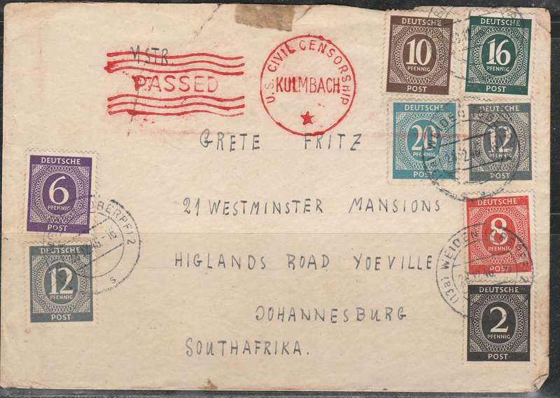 GERMAN  ALLIED CIVIL CENSORSHIP CACHET ON MULTI FRANKING TO JOHANNESBURG LOOK SCAN
