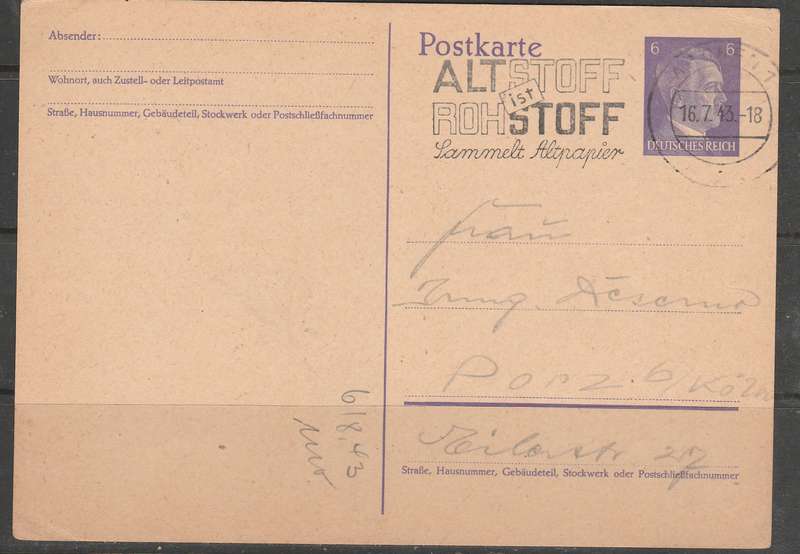 DEUTSCHES REICH PRE PRINTED POST CARD 1943 ISSUE LOOK SCAN X2