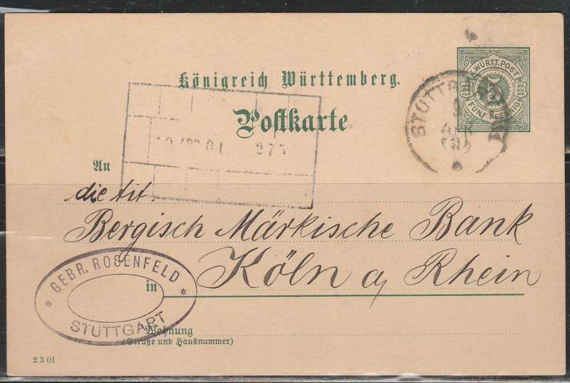 GERMAN POST CARD 1901 FROM STUTTGART PREPRINTED POST CARD LOOK SCAN X 2