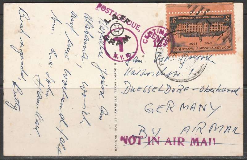 A LOVELY PICTURE POST CARD WHICH HAS BEEN TAXED FROM USA TO GERMANY CACHETS LOOK SCAN X 2