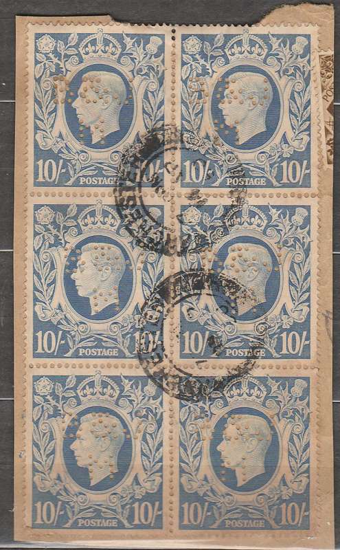 A SUPER BLOCK OF 6 PERFIN ON BLOCK OF KEVII FINE USED LOOK SCAN