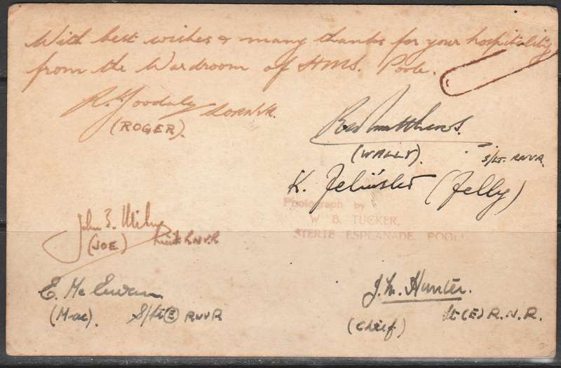 A PHOTO POST CARD SHOWING H.M.S. POOLE MINESWEEPER BACK SIGNED NOT MAILED LOOK SCAN X 2