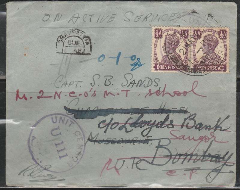 A LOVELY INDIAN COVER WITH LOTS OF CANCELLATIONS FRONT AND BACK UNIT CENSOR U111 REDIRECTED IN RED