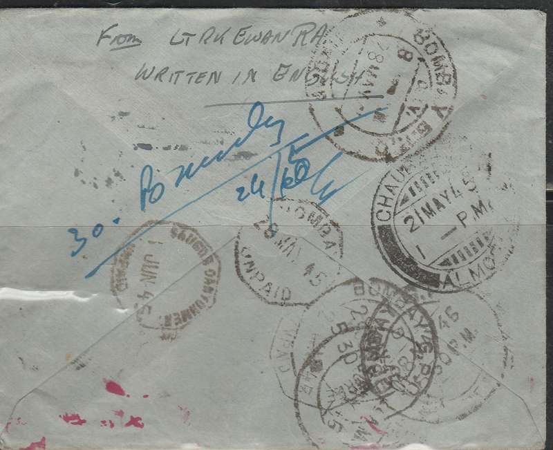 A LOVELY INDIAN COVER WITH LOTS OF CANCELLATIONS FRONT AND BACK UNIT CENSOR U111 REDIRECTED IN RED