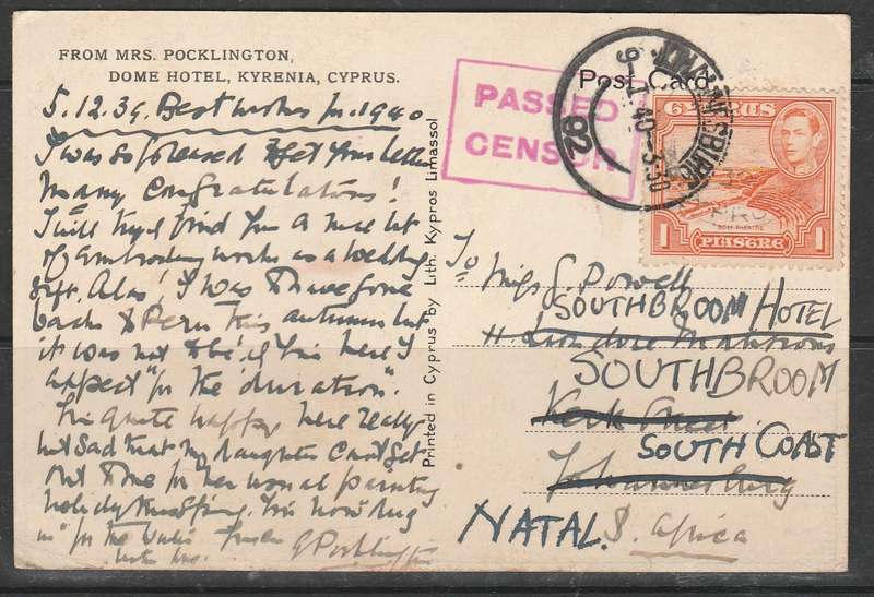 A LOVELY POST CARD ISLAND OF CYPRUS CENSORED TO SOUTH AFRICA REDIRCETED LOOK SCAN X 2