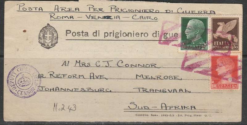 A PRISONER OF WAR FROM ITALY TO SOUTH AFRICA CENSOR  STRIKE FRONT DIFFERENT FRANKING LOOKSCAN