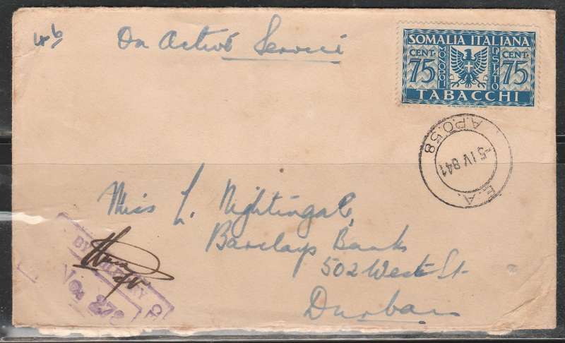 A CENSOR COVER FRANKED WITH SOMALIA ITALIANA TABACCHI ON ACTIVE SERVICE LOOK SCAN