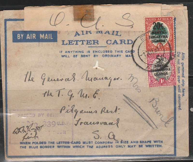 ON ACTIVE SERVICE TO PILGRIMS REST FRANKED SA STAMPS OVER PRINTED K. T. U. WITH CENSOR TAB SCAN X 2