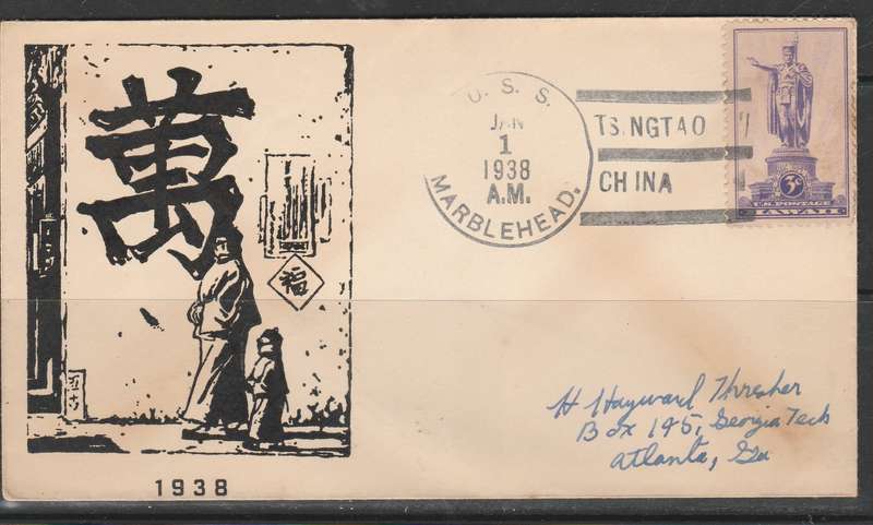 A COVER 1938 U.S.S MARBLEHEAS CANCLED TS NGTAO CHINA LOOK SCAN
