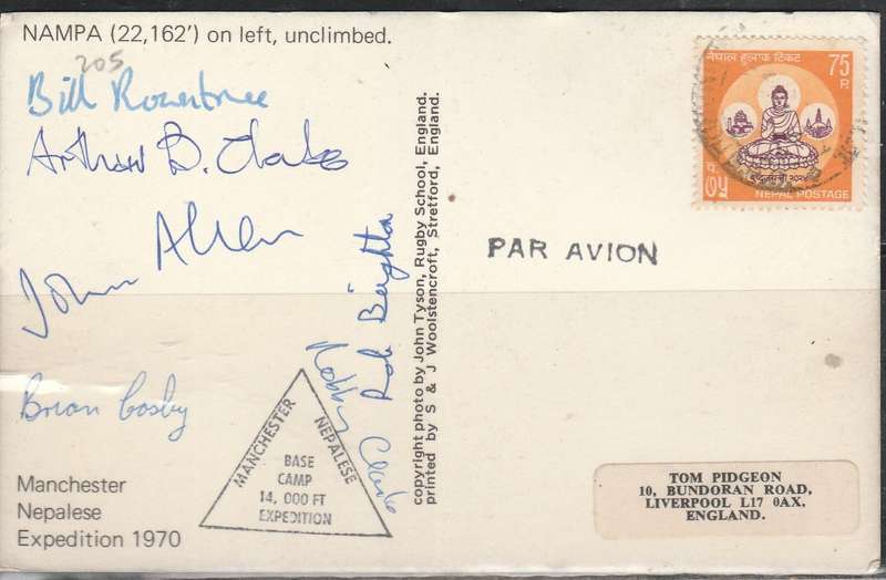 A LOVELY POST CARD SHOWING MOUNTIAN ON LEFT SIGNED BY THE EXPEDITION TEAM AT BASE CAMP LOOK SCAN X 2