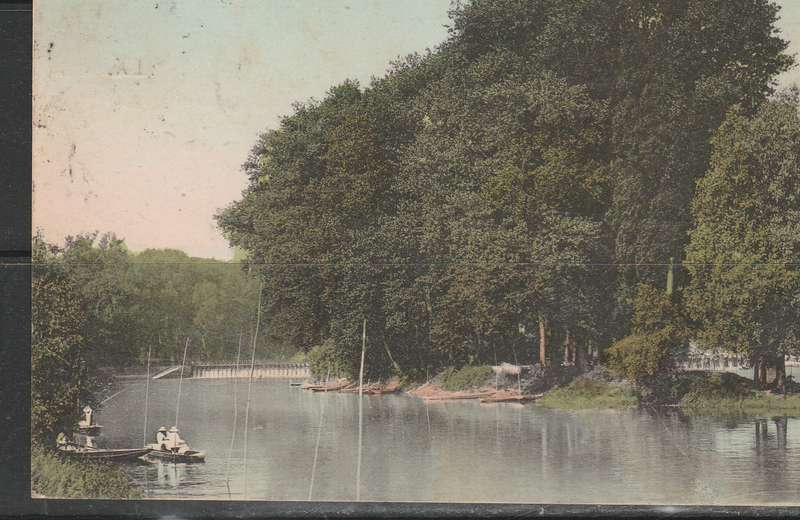 A PICTURE POST CARD FROM PARIS WITH A LABEL FRANKED AIR CRAFT BACK FISHING ON LAKE SCAN X 2