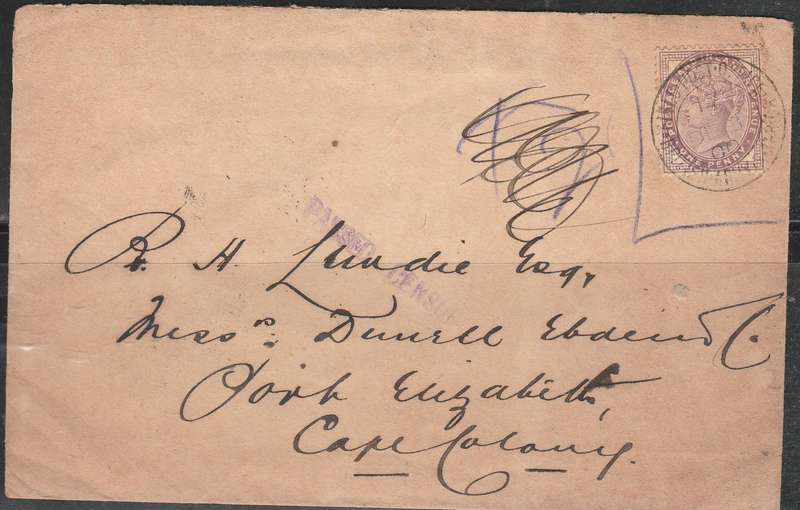 BOER WAR COVER 1900 FRANKED BRITISH 1d QV CANCELLED  FIELD P.O. BACK T.P.O. DOWN SCARCE LOOK SCAN 2