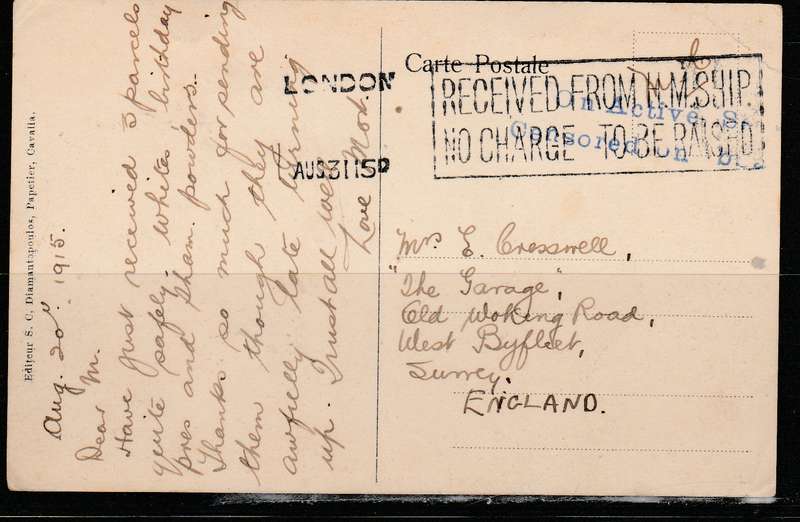 A PICTURE POST CARD SHOWING THE RUINES OF PHILIPPES MAILED FROM HM SHIP NO CHARGE LOOK SCAN X 2