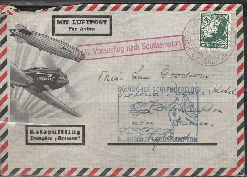 A COVER ON BOARD POST SENT AHEAD FROM SHIP 1935 CACHETS APPLIED BACK HAS A HAND WRITTEN NOTE
