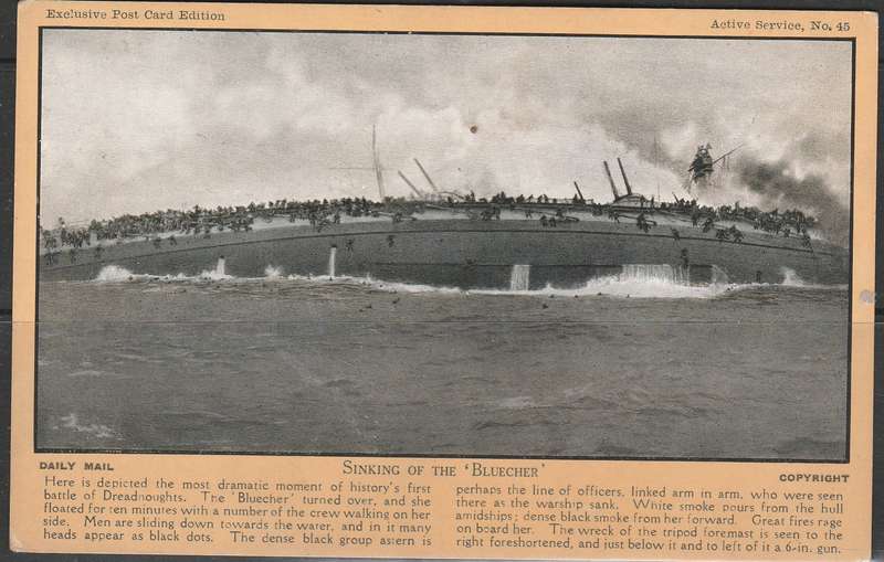 A PICTURE POST CARD SHOWING THE SINKING OF THE BLUECHER READ BELOW MINT LOOK SCAN