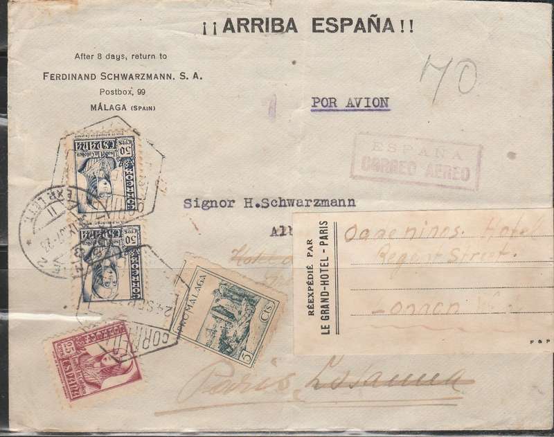 SPANISH CIVIL WAR 1937 COVER REDIRECTED FRANKED STAMPS BACK CENSORED INTRESTING LOOK SCAN X 2