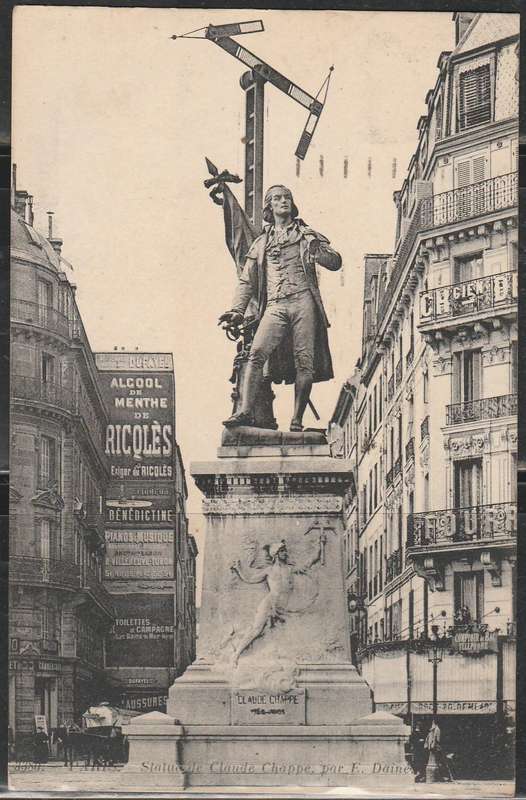 A LOVELY PICTURE POST CARD SHOWING STATUE DE CLAUDE CHAPPE PARIS FRANKED A LABEL  RED CROSS BACK