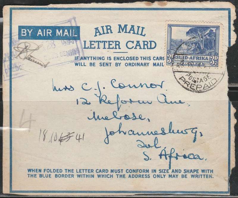 A AIR MAIL LETTER CARD FROM EGYPT TO SOUTH AFRICA FRANKED WITH 3d AND CENSOR STRIKE LOOK SCAN
